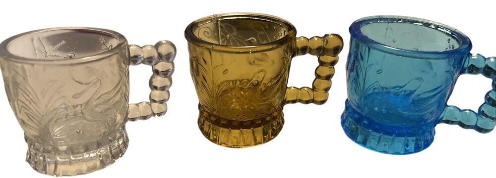 3 EAPG Victorian Bryce Bros Toy Mugs Pattern Glass Antique Waterfowl Swan